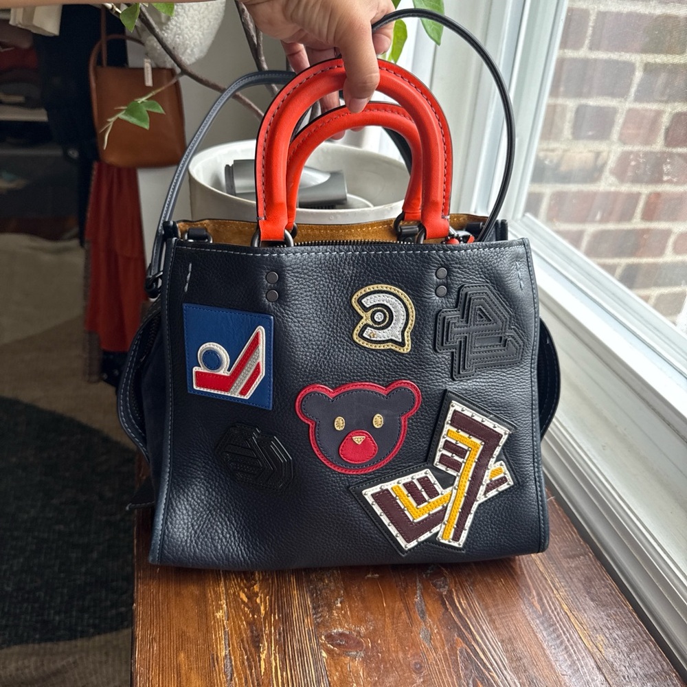Coach Black Leather Patchwork Tote with Red Handles